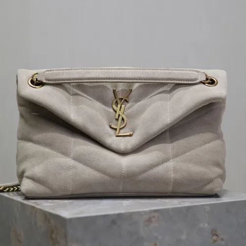 SAINT LAURENT Loulou Medium Shoulder Bag – Light Beige Suede with Chevron Quilt & Gold YSL Logo (Convertible Chain Strap) #B58764