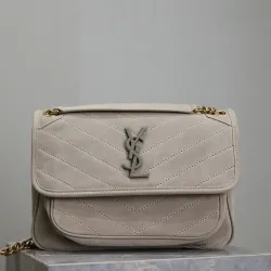 SAINT LAURENT Loulou Medium Shoulder Bag – Light Beige Suede with Chevron Quilt & Tone-On-Tone YSL Logo (Convertible Chain Strap) #B58767