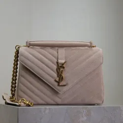 SAINT LAURENT Loulou Small Envelope Crossbody Bag – Blush Suede with Chevron Quilt & Gold YSL Logo (Detachable Chain Strap) #B58772