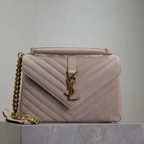SAINT LAURENT Loulou Small Envelope Crossbody Bag – Blush Suede with Chevron Quilt & Gold YSL Logo (Detachable Chain Strap) #B58772