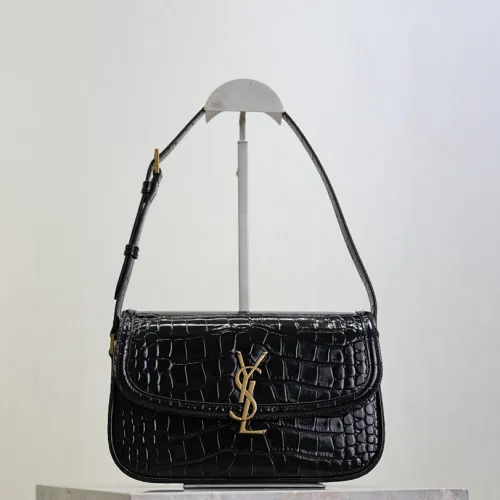 SAINT LAURENT Solferino Small Shoulder Bag – Black Croc-Embossed Patent Leather with Gold YSL Cassandre Closure  #B58751