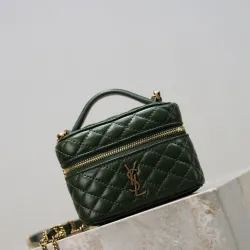 Saint Laurent 819285 GABY Mini Chain Cosmetic Bag - Dark Green Quilted Leather with Detachable Strap #B59504 Saint Laurent 819285 GABY Mini Chain Cosmetic Bag - Dark Green Quilted Leather with Detachable Strap #B59504