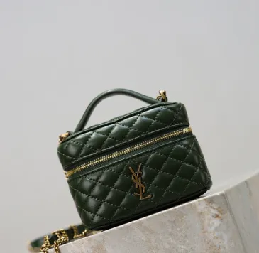Saint Laurent 819285 GABY Mini Chain Cosmetic Bag - Dark Green Quilted Leather with Detachable Strap #B59504