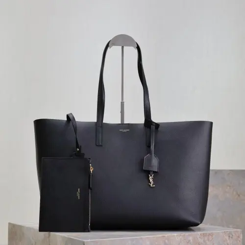 YSL Inspired Minimalist Leather Tote With Matching Pouch For Sophisticated Black #B63645