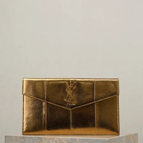 YSL Uptown Gold Snakeskin Clutch, 27 x 16 x 2 cm #B63194