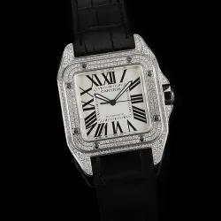 Cartier Santos Diamond Automatic Black Leather Watch 42mm #B65837 Cartier Santos Diamond Automatic Black Leather Watch 42mm #B65837