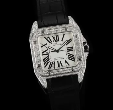 Cartier Santos Diamond Automatic Black Leather Watch 42mm #B65837