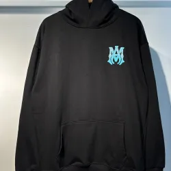 AMIRI Black Hoodie With Glittery Blue Back Logo And Brand Details #B54239