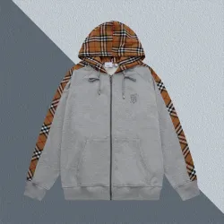 Gray Burberry Hoodie With Checkered Pattern Sleeves And Hood Iconic Fashion Design #B54324