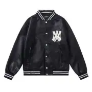 AMIRI Black Leather Bomber Jacket With Iconic Logo And Varsity Stripe Details #B54387