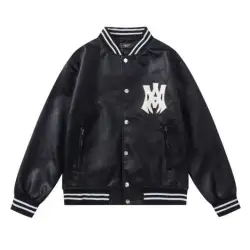 AMIRI Black Leather Bomber Jacket With Iconic Logo And Varsity Stripe Details #B54387