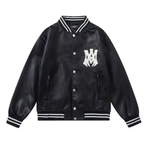 AMIRI Black Leather Bomber Jacket With Iconic Logo And Varsity Stripe Details #B54387
