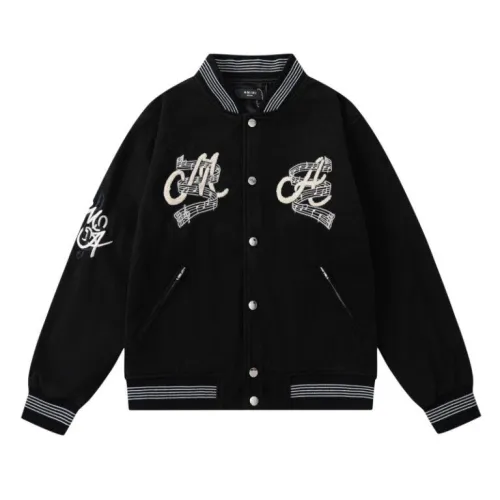 AMIRI Black Varsity Jacket With Intricate Embroidered Logos And Musical Note Accents #B54236
