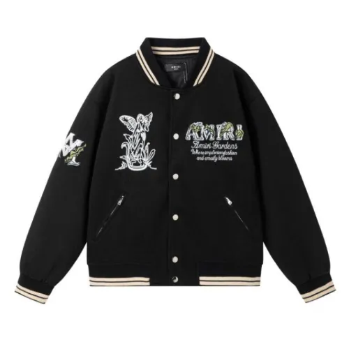 Black AMIRI Bomber Jacket With Angel And Garden Embroidery For Fashion Fans #B54357