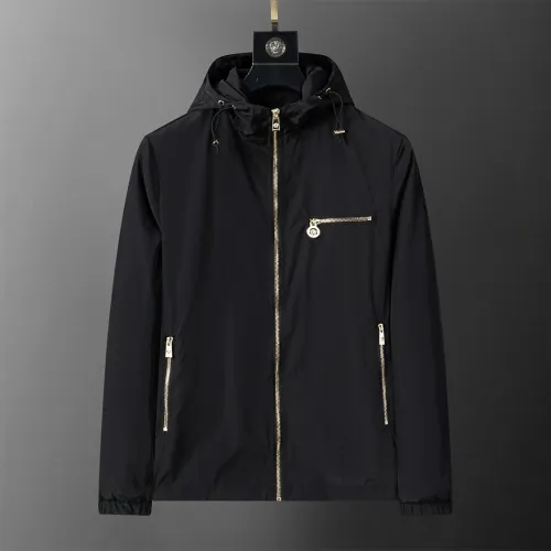 Versace Men's Hooded Windbreaker Jacket Stylish Black Outerwear with Gold Tone Zippers #B54255