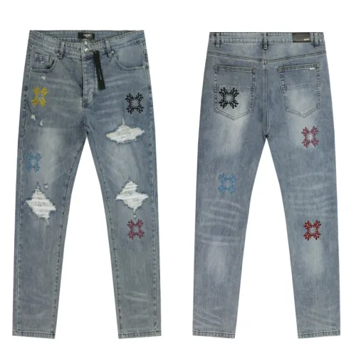 AMIRI Distressed Gray Jeans With Colorful Embroidered Patterns And Unique Ripped Details #B54365