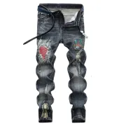Nostalgic ripped appliqué locomotive men's jeans #99908622