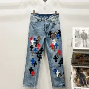Chrome Hearts Inspired Blue Denim Jeans With Colorful Cross Patches For Edgy Fashion #B54231