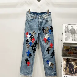 Chrome Hearts Inspired Blue Denim Jeans With Colorful Cross Patches For Edgy Fashion #B54231