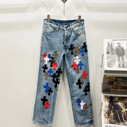 Chrome Hearts Inspired Blue Denim Jeans With Colorful Cross Patches For Edgy Fashion #B54231