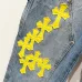 Chrome Hearts Style Blue Denim Jeans With Yellow Cross Patches For Bold Street Fashion #B54230