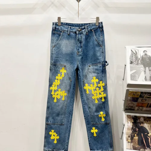 Chrome Hearts Style Blue Denim Jeans With Yellow Cross Patches For Bold Street Fashion #B54230