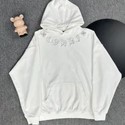 Chrome Hearts White/Black/Blue Hoodie Featuring Gothic Cross and Letter Embroidery Artwork #B54217