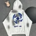 Chrome Hearts White/Black/Blue Hoodie with Blue Embroidered Cross and Distressed Smoke Effects #B54218