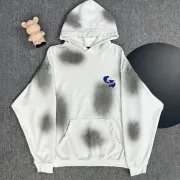Chrome Hearts White/Black/Blue Hoodie with Blue Embroidered Cross and Distressed Smoke Effects #B54218