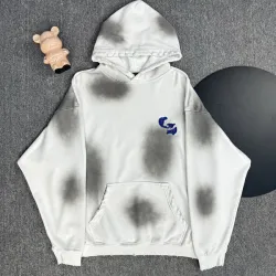 Chrome Hearts White/Black/Blue Hoodie with Blue Embroidered Cross and Distressed Smoke Effects #B54218