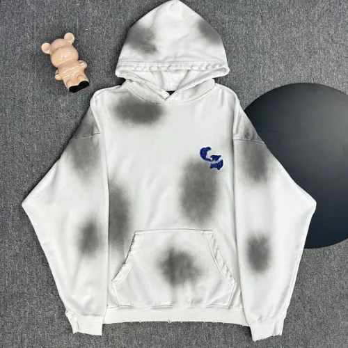 Chrome Hearts White/Black/Blue Hoodie with Blue Embroidered Cross and Distressed Smoke Effects #B54218