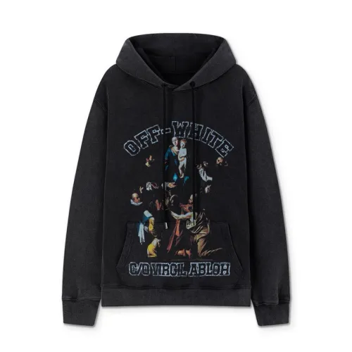 Off - White Black Hoodie With Artistic Graphic And Brand Tribute Design #B54199