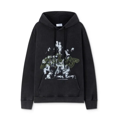 Off - White Black Hoodie With Artistic Graphic Print And Brand Elements #B54198