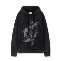 Off - White Black Hoodie With Artistic Graphic Print And Branded Details #B54196