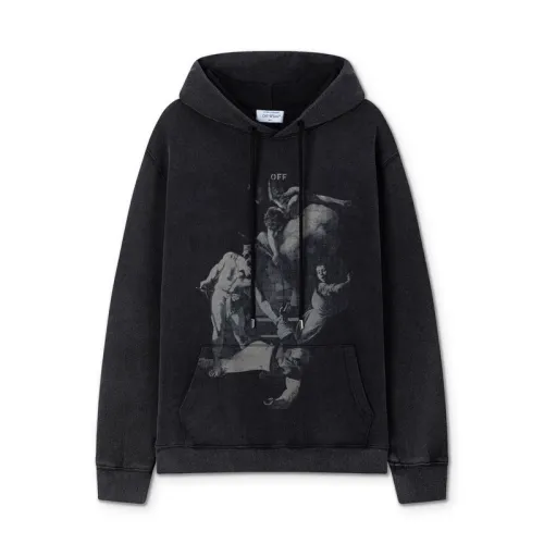 Off - White Black Hoodie With Artistic Graphic Print And Branded Details #B54196