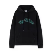 Off White Black Hoodie with Blue Green Glitter Logo and Front Pocket for Men and Women #B54202