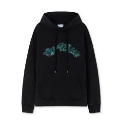 Off White Black Hoodie with Blue Green Glitter Logo and Front Pocket for Men and Women #B54202