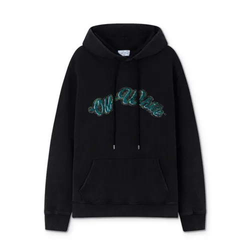 Off White Black Hoodie with Blue Green Glitter Logo and Front Pocket for Men and Women #B54202