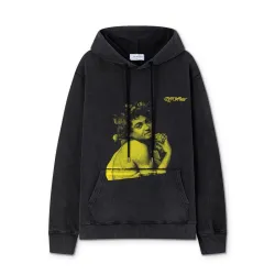 Off - White Black Washed Hoodie With Vintage Art Graphic And Brand Logo #B54197