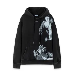 Off - White Washed Black Hoodie With Artistic Religious Print And OFF Logo #B54281
