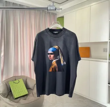 Vintage Washed Black Balenciaga T Shirt With Trendy Girl With A Pearl Earring Remix Print #B54359