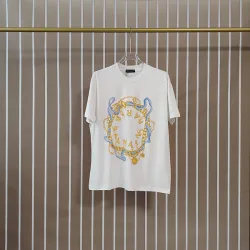Balmain Paris White/Black T Shirt with Gold Chain and Blue Ribbon Circular Graphic Design for Men #B54208