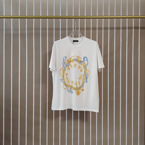 Balmain Paris White/Black T Shirt with Gold Chain and Blue Ribbon Circular Graphic Design for Men #B54208