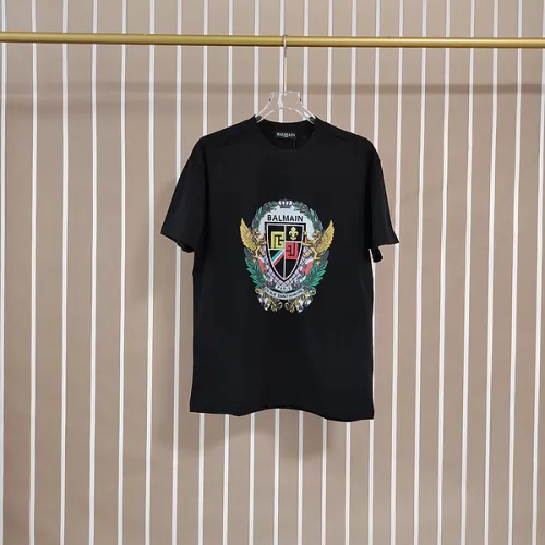 Balmain Paris White/Black T Shirt with Gold Chain and Blue Ribbon Circular Graphic Design for Men #B54209