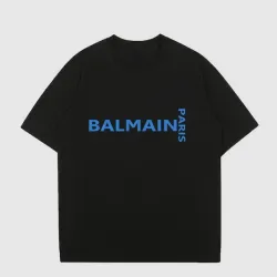 Balmain T-Shirts for men Crew Neck Black blue logo #B46465