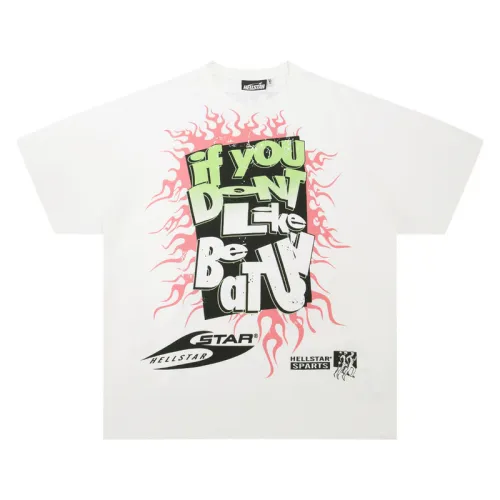 HELLSTAR White T - Shirt With Bold Flaming Graphic And Slogan Print Design #B54350