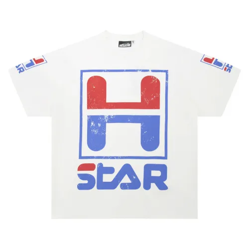 HELLSTAR White T - Shirt With Retro H - Star Graphic And Distressed Print Design #B54348