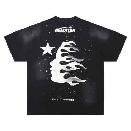 Hellstar Black T - Shirt With Star Flame Face Graphic And Brand Logo Design #B54347