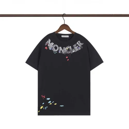 Moncler White/Black T Shirt with Paint Splatter Details and Artistic Logo Graphic on the Collar Area #B54207