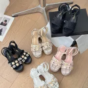 Women's Chanel Tweed Platform Sandals with Pearl Embellishments #B45786